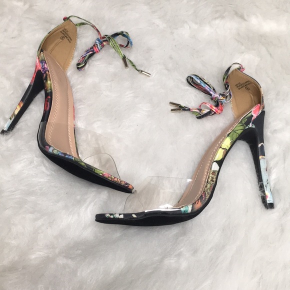 Shoes - Gigi Floral Velvet Perspex Lace-Up Heels 9
